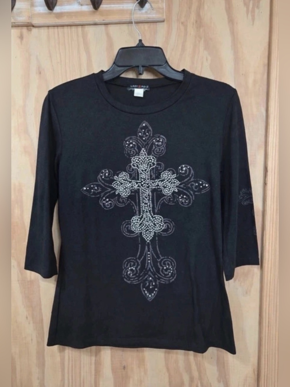 Lady Noiz Black Long Sleeve Top with Rhinestone Cross